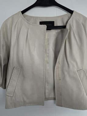 BCBGMaxAzria Cream Leather Cropped Jacket with Patch Pockets